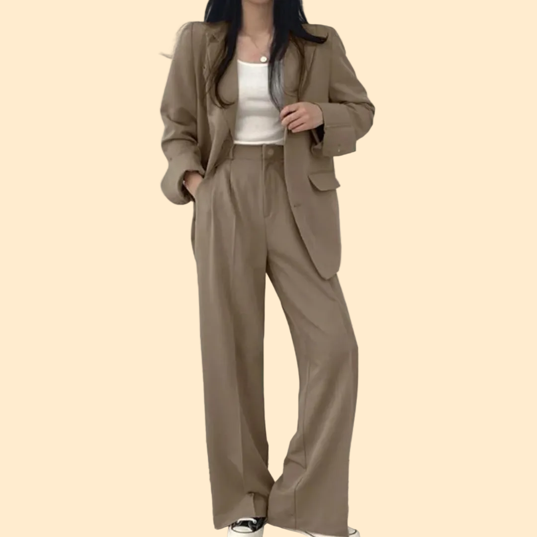 Gestructureerde en chique dames set met comfortabele blazer en broek