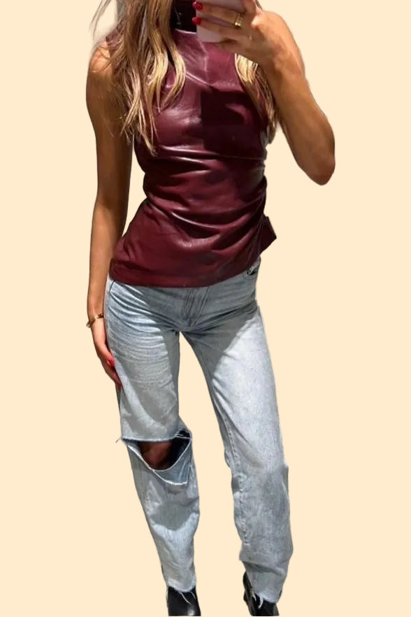 Red or Black Vegan Leather Top