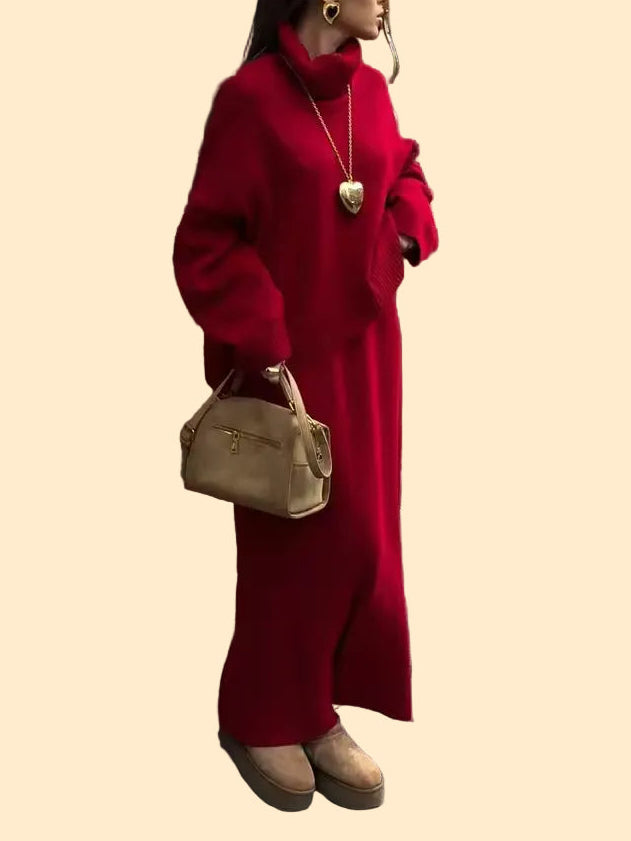 Oversized Dames Gebreide Set met Coltrui en Lange Rok