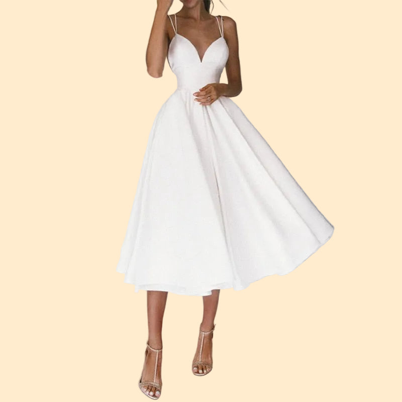 Elegante A-Lijn Midi Jurk met Spaghettibandjes