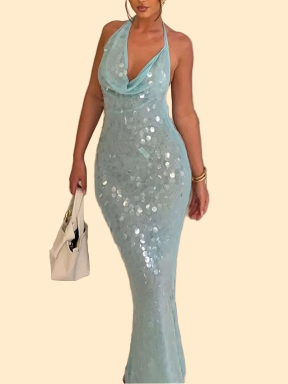 Elegante Blauw Pailletten Maxi Jurk