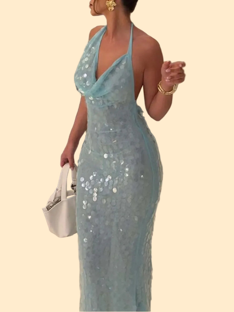 Elegante Blauw Pailletten Maxi Jurk