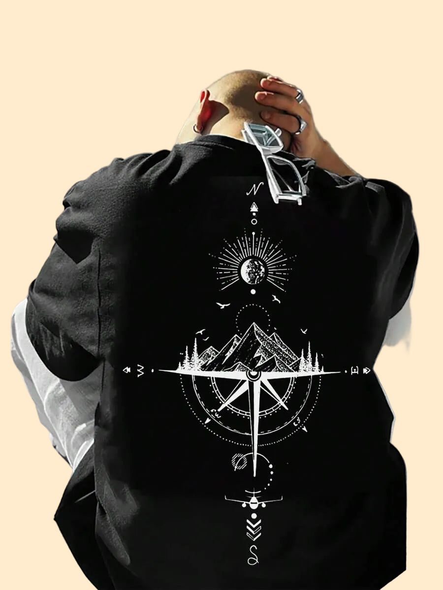 Oversized Compas/Mountain Design T-shirt