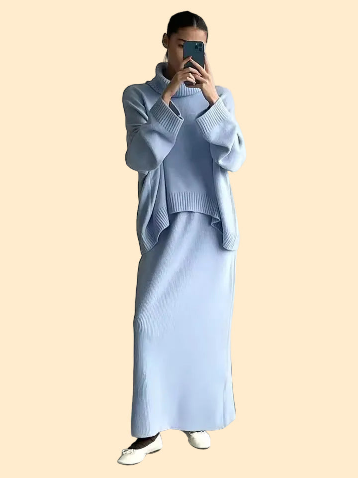 Oversized Dames Gebreide Set met Coltrui en Lange Rok