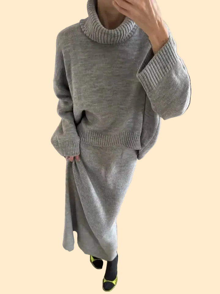 Oversized Dames Gebreide Set met Coltrui en Lange Rok