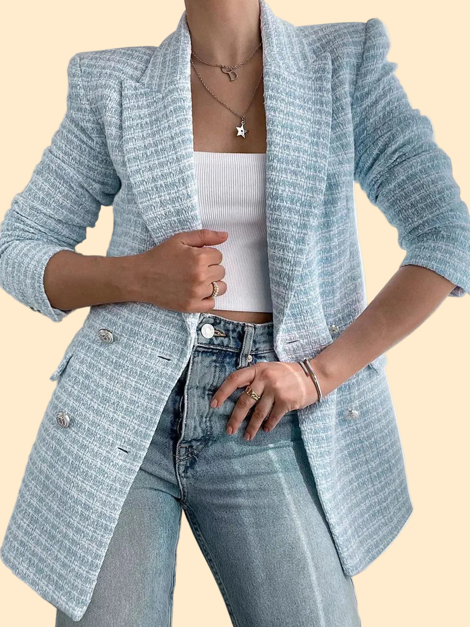 Klassieke Bouclé Blazer met Dubbele Rij Knopen