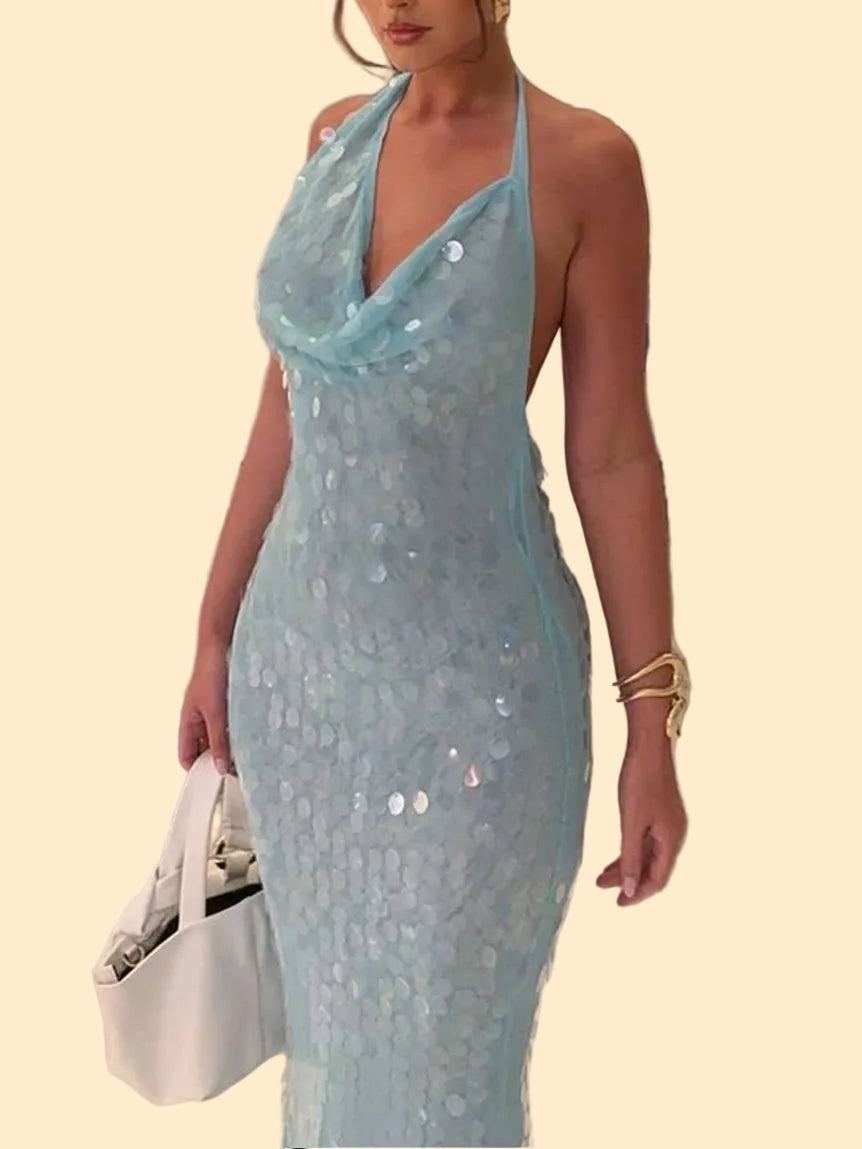 Elegant Blue Sequin Maxi Dress